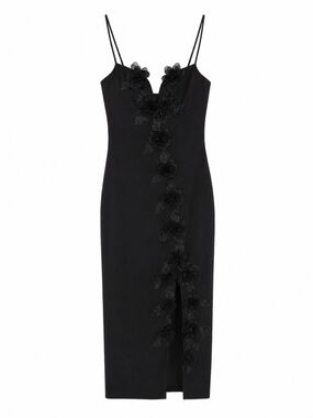 Lulu's Black Floral Appliqué Slip Midi Dress